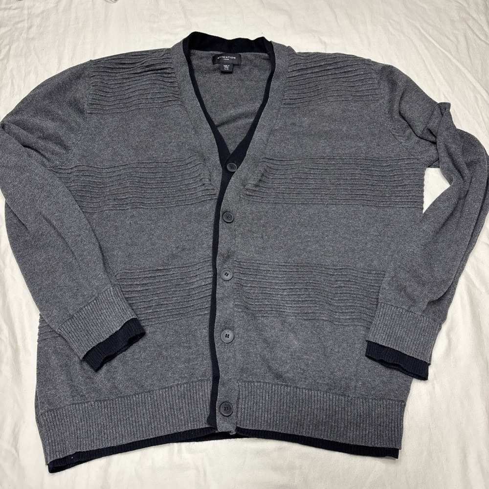 Attention Mens Cardigan XL Gray Black Grandpa Core Nerdy Geek Cotton Preppy